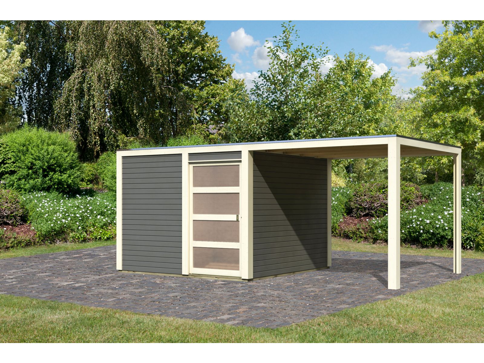 Karibu Gartenhaus Qubic 2 terragrau inkl. 2,70 m Anbaudach