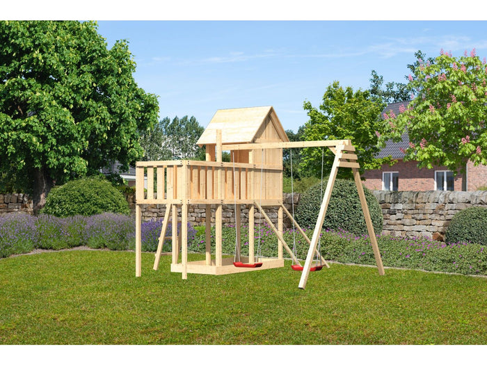 Karibu Stelzenhaus Frieda + Doppelschaukel + Anbauplattform + Netzrampe