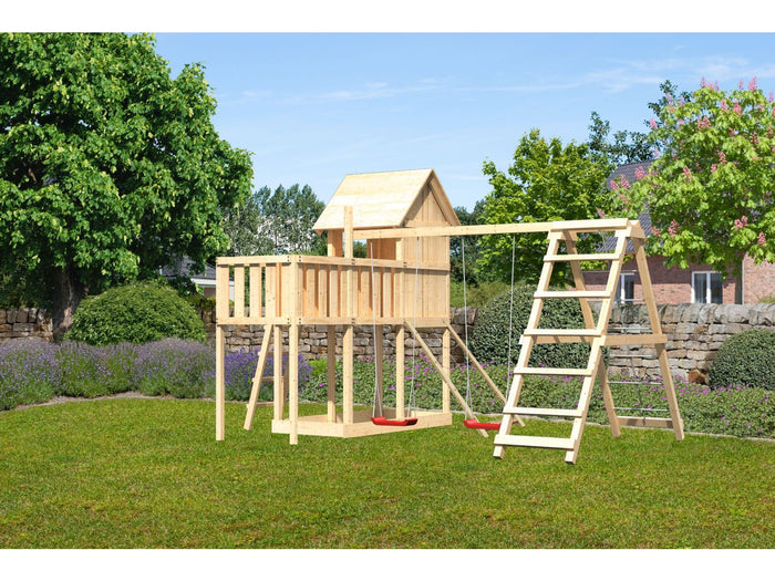 Karibu Stelzenhaus Frieda + Doppelschaukel mit Klettergerüst + Anbauplattform + Netzrampe