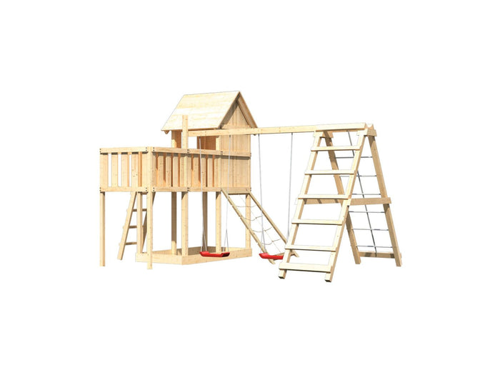 Karibu Stelzenhaus Frieda + Doppelschaukel mit Klettergerüst + Anbauplattform + Netzrampe