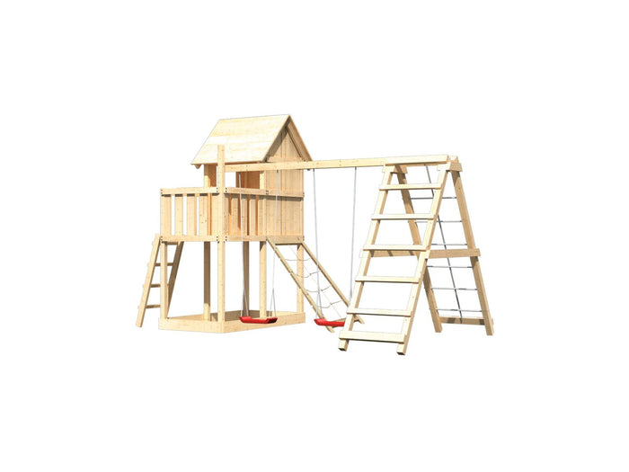 Karibu Stelzenhaus Frieda + Doppelschaukelanbau Klettergerüst + Netzrampe