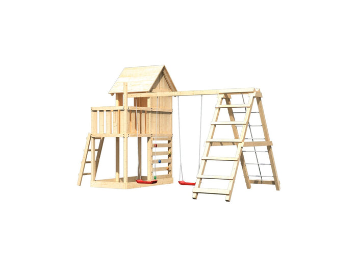 Karibu Stelzenhaus Frieda + Doppelschaukelanbau Klettergerüst + Kletterwand
