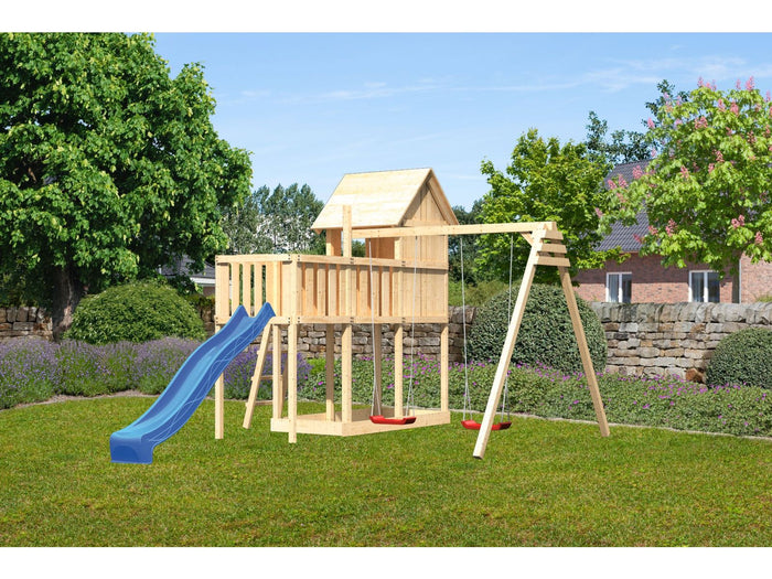Karibu Stelzenhaus Frieda + Rutsche blau + Doppelschaukel + Anbauplattform