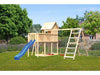 Karibu Stelzenhaus Frieda + Rutsche blau + Doppelschaukelanbau Klettergerüst + Anbauplattform