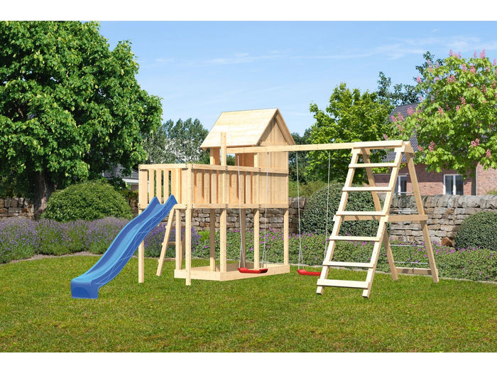Karibu Stelzenhaus Frieda + Rutsche blau + Doppelschaukelanbau Klettergerüst + Anbauplattform