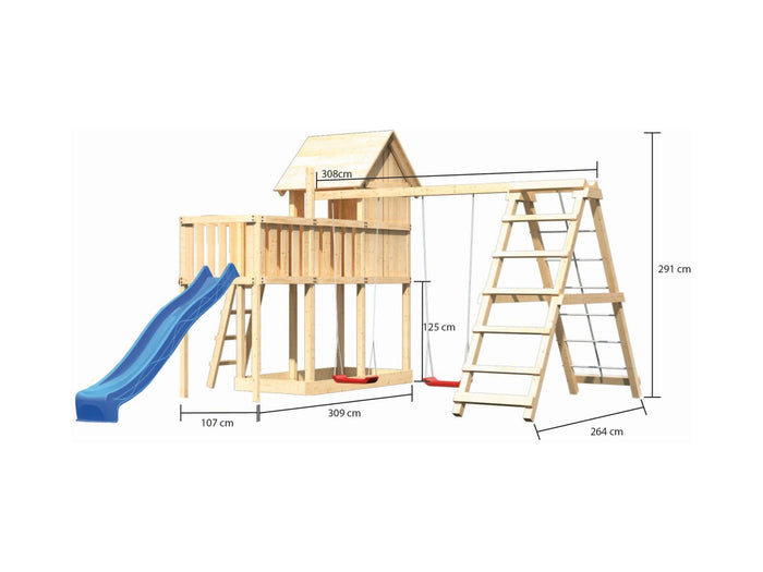 Karibu Stelzenhaus Frieda + Rutsche blau + Doppelschaukelanbau Klettergerüst + Anbauplattform