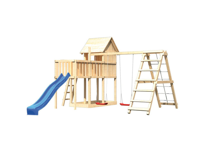 Karibu Stelzenhaus Frieda + Rutsche blau + Doppelschaukelanbau Klettergerüst + Anbauplattform