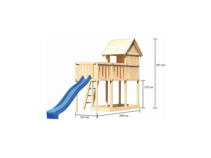 Karibu Stelzenhaus Frieda + Rutsche blau + Anbauplattform