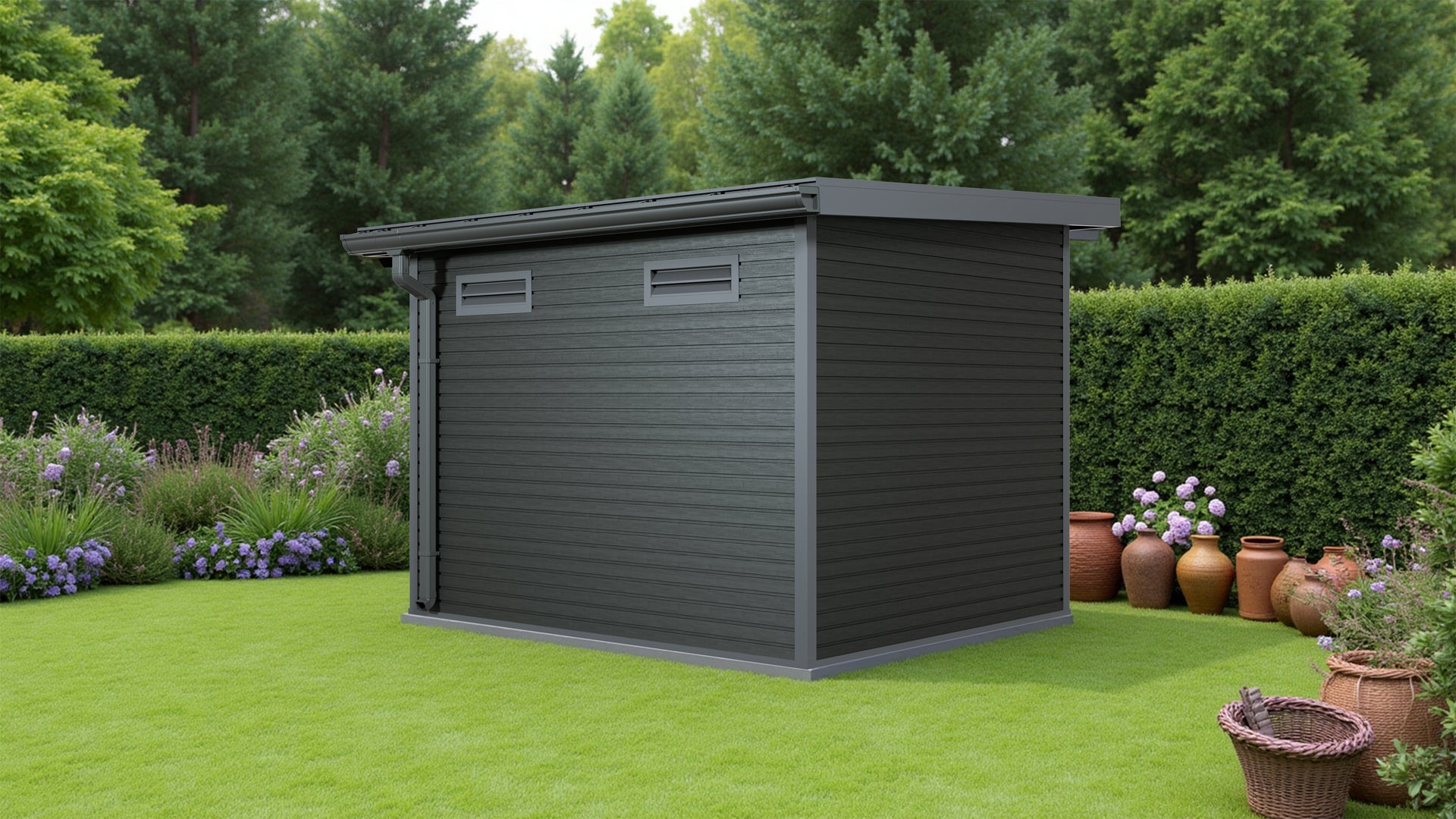 Linholm WPC Gartenhaus Linia 2824 inkl. Dachrinnen-Set, 2-farbig in Grau/Anthrazit