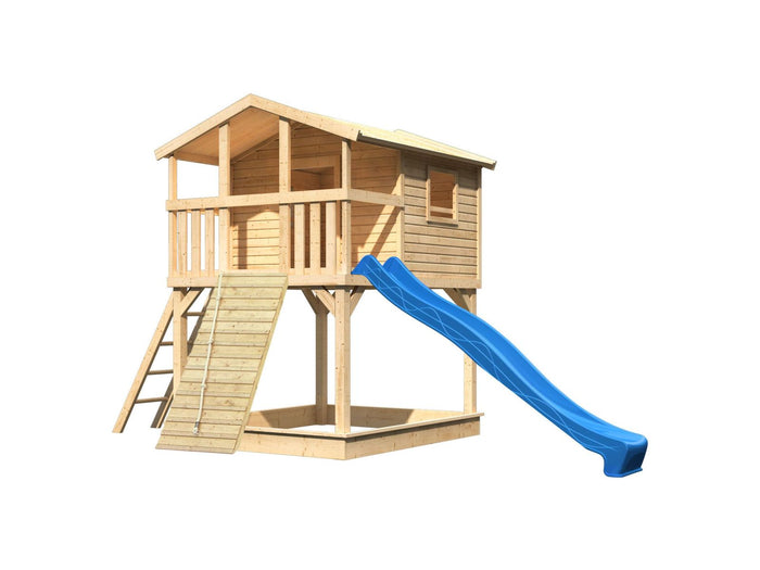 Karibu Stelzenhaus Benjamin naturbelassen + Rutsche blau + Holzrampe