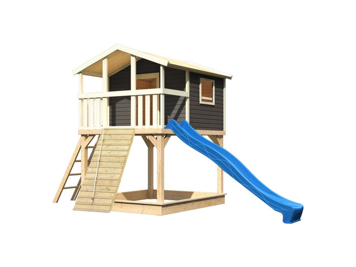 Karibu Stelzenhaus Benjamin terragrau + Rutsche blau + Holzrampe