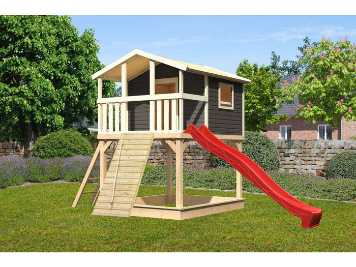 Karibu Stelzenhaus Benjamin terragrau + Rutsche rot + Holzrampe