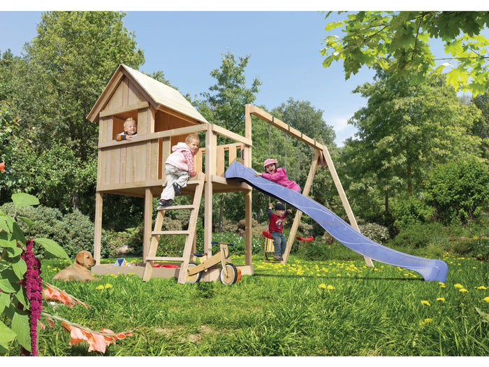 Karibu Stelzenhaus Frieda + Rutsche blau + Doppelschaukel