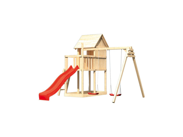 Karibu Stelzenhaus Frieda + Rutsche rot + Doppelschaukel