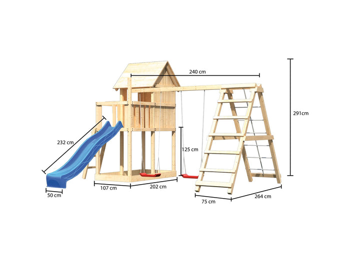 Karibu Stelzenhaus Frieda + Rutsche blau + Doppelschaukelanbau Klettergerüst