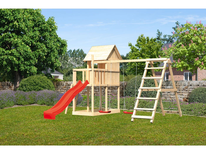Karibu Stelzenhaus Frieda + Rutsche rot + Doppelschaukelanbau Klettergerüst