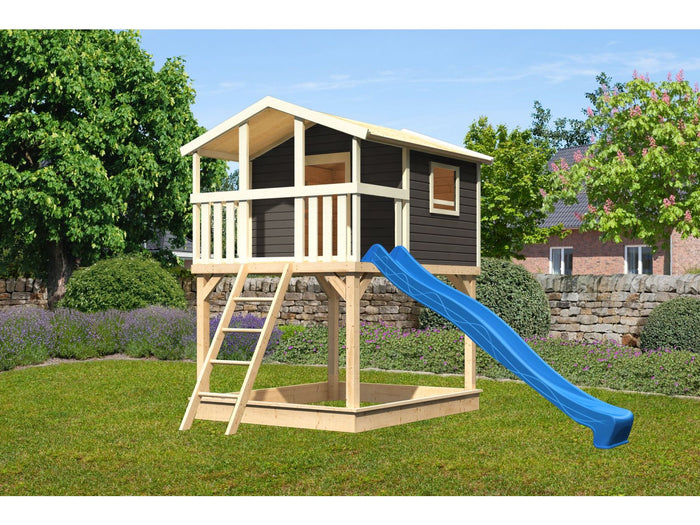 Karibu Stelzenhaus Benjamin terragrau mit Rutsche in blau