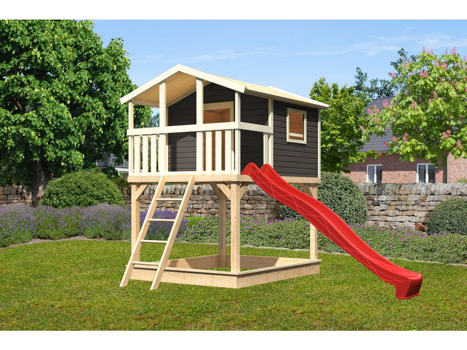 Karibu Stelzenhaus Benjamin terragrau mit Rutsche in rot