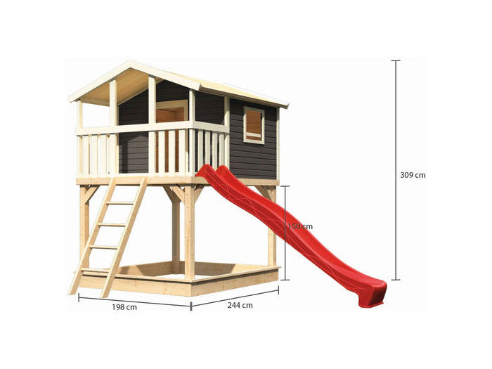 Karibu Stelzenhaus Benjamin terragrau mit Rutsche in rot