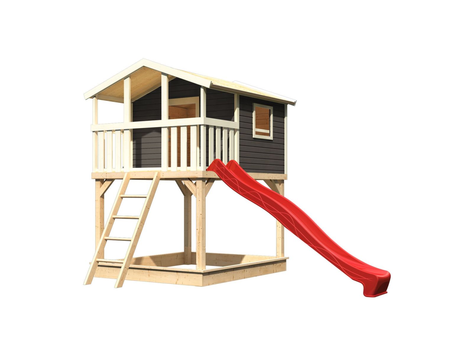 Karibu Stelzenhaus Benjamin terragrau mit Rutsche in rot