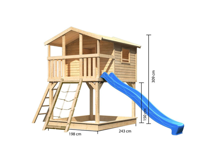 Karibu Stelzenhaus Benjamin natur mit Netzrampe und Rutsche in blau