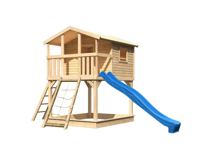 Karibu Stelzenhaus Benjamin natur mit Netzrampe und Rutsche in blau