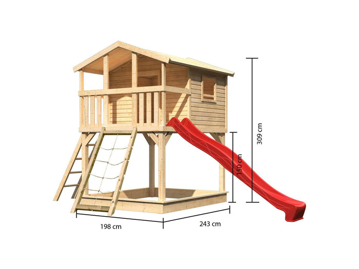Karibu Stelzenhaus Benjamin natur mit Netzrampe und Rutsche in rot
