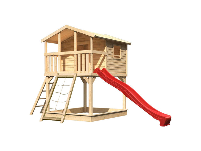 Karibu Stelzenhaus Benjamin natur mit Netzrampe und Rutsche in rot