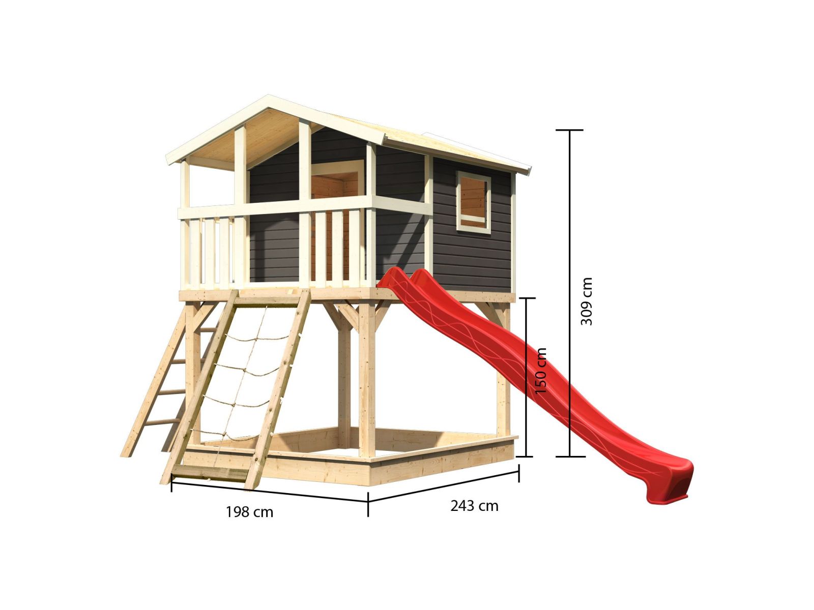 Karibu Stelzenhaus Benjamin terragrau mit Netzrampe und Rutsche in rot