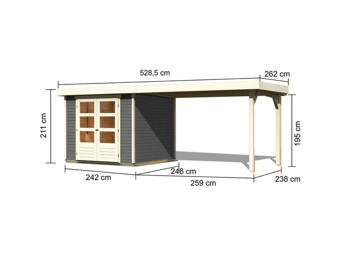Karibu Gartenhaus Askola 3,5 mit Anbaudach 2,40 Meter terragrau