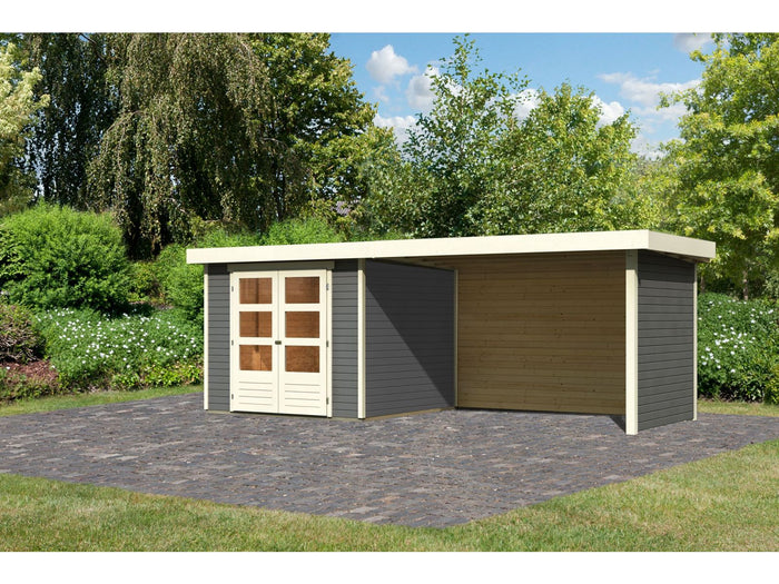 Karibu Gartenhaus Askola 3,5 mit Anbaudach 2,8 Meter, Seiten- und Rückwand in terragrau
