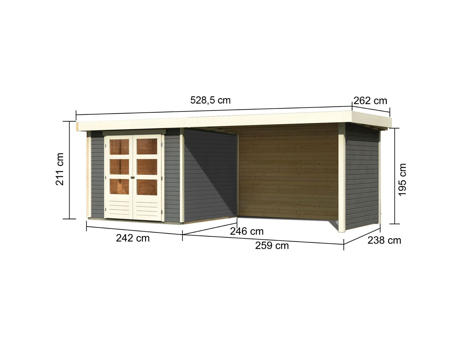 Karibu Gartenhaus Askola 3,5 mit Anbaudach 2,8 Meter, Seiten- und Rückwand in terragrau