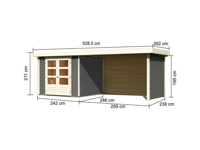 Karibu Gartenhaus Askola 3,5 mit Anbaudach 2,8 Meter, Seiten- und Rückwand in terragrau