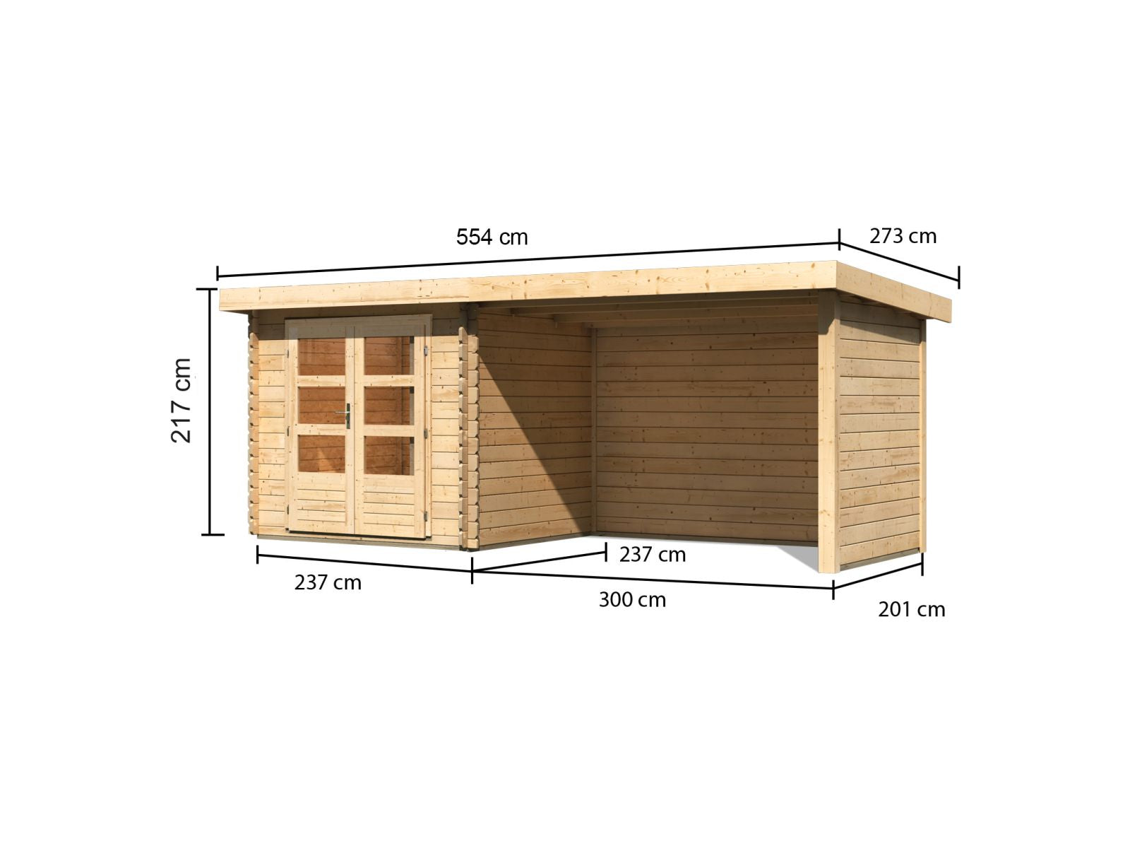 Karibu Gartenhaus Bastrup 2 mit Anbaudach 3 Meter inkl. Rück-und Seitenwand