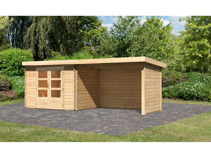 Karibu Gartenhaus Bastrup 3 mit Anbaudach 3 Meter inkl. Rück-und Seitenwand