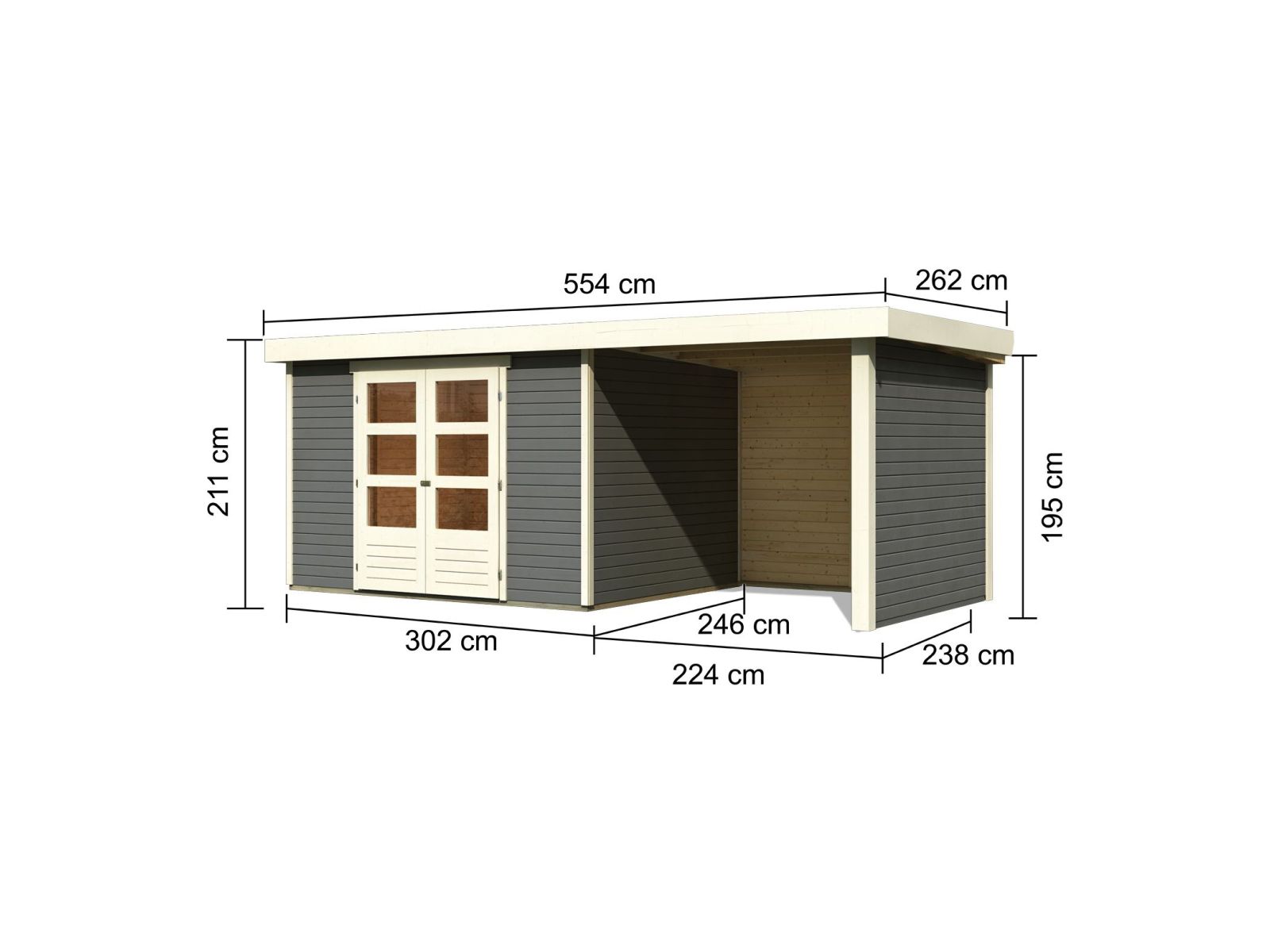 Karibu Gartenhaus Askola 5 mit Anbaudach 2,4 Meter, Seiten- und Rückwand in terragrau