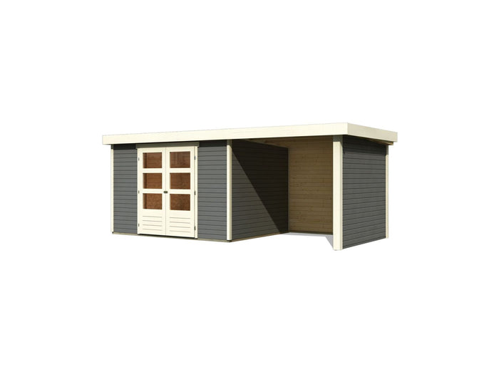 Karibu Gartenhaus Askola 5 mit Anbaudach 2,4 Meter, Seiten- und Rückwand in terragrau