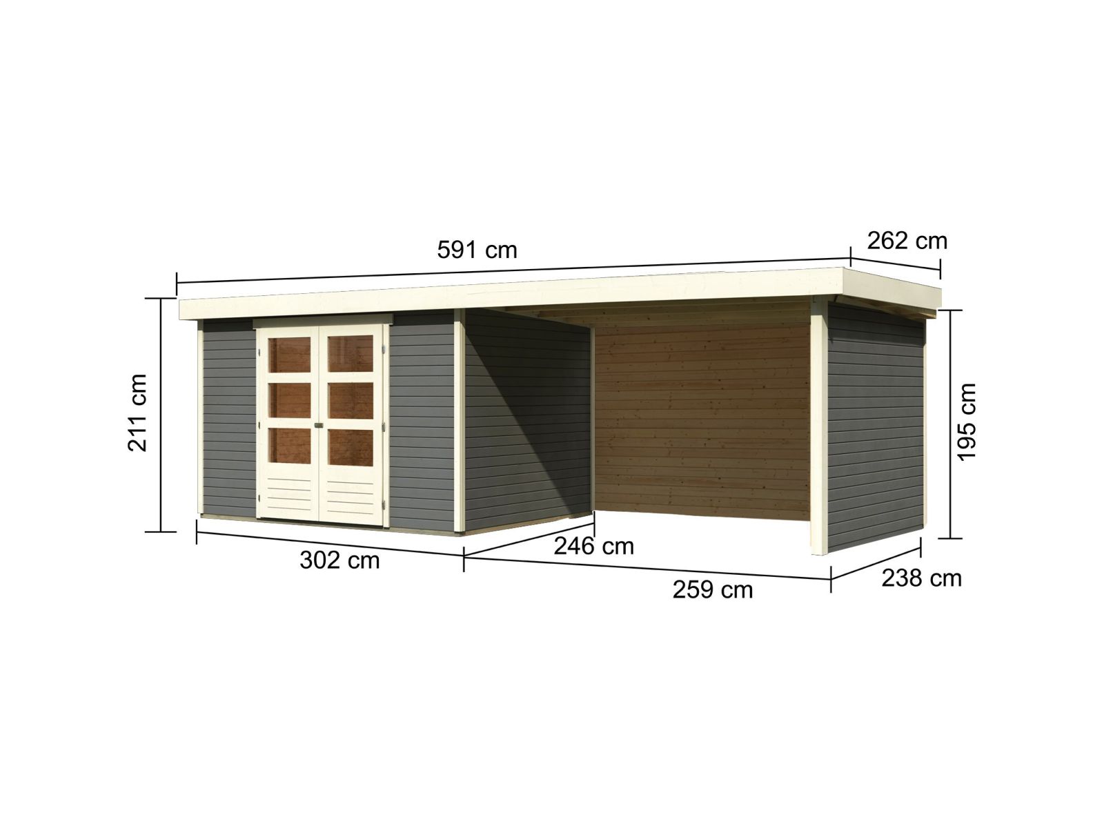 Karibu Gartenhaus Askola 5 mit Anbaudach 2,8 Meter, Seiten- und Rückwand, terragrau