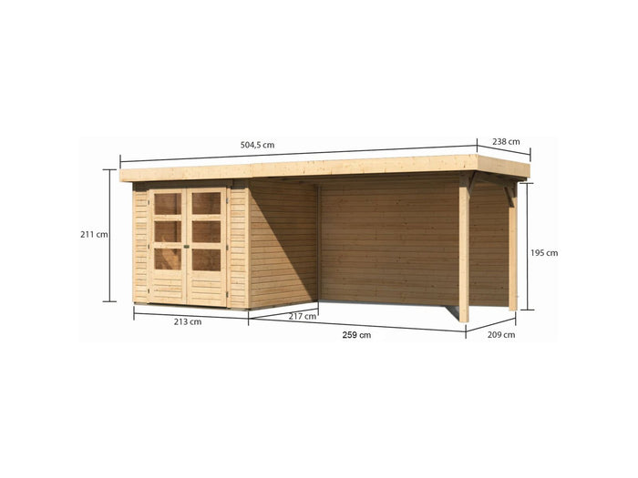 Karibu Gartenhaus Askola 2 mit Anbaudach 2,8 m und Rückwand