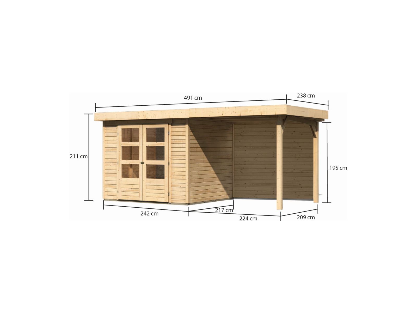 Karibu Gartenhaus Askola 3 mit Anbaudach 2,4 m, Rückwand