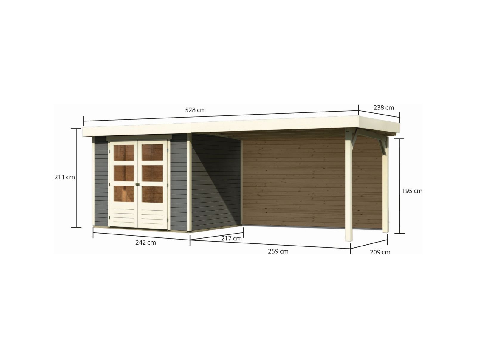 Karibu Gartenhaus Askola 3 mit Anbaudach 2,80 m, Rückwand in terragrau