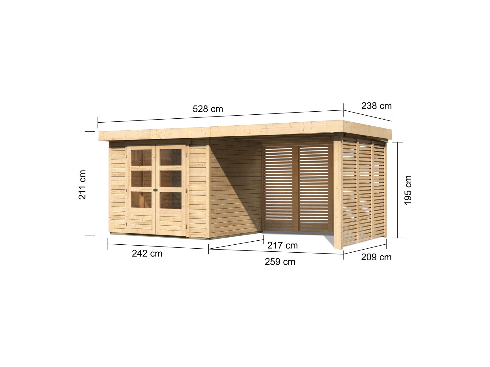 Karibu Gartenhaus Askola 3 mit Anbaudach 2,80 m, Seiten- und Rückwand in Lamellenoptik