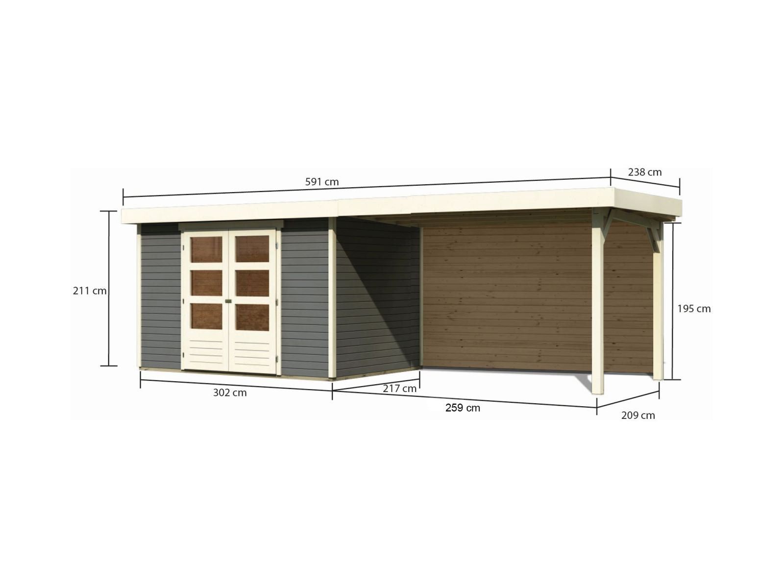 Karibu Gartenhaus Askola 4 mit Anbaudach 2,8 m mit Rückwand, terragrau