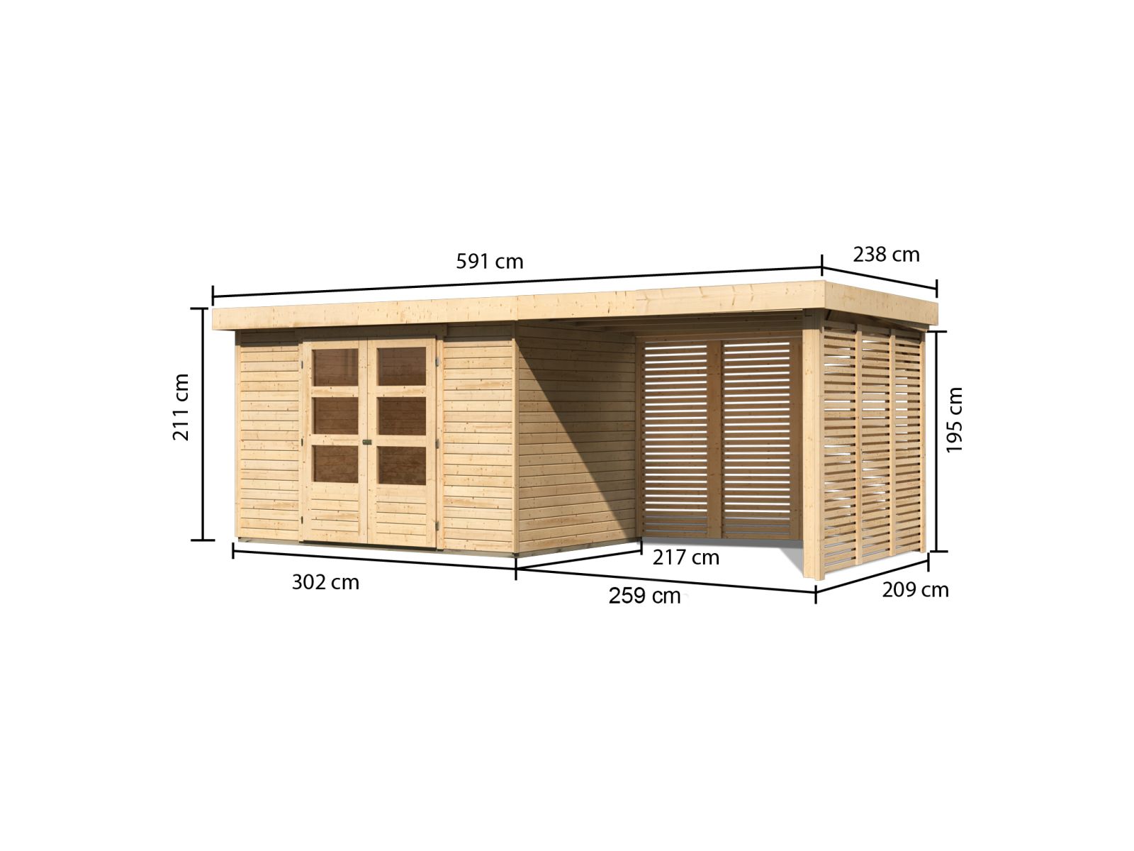 Karibu Gartenhaus Askola 4 mit Anbaudach 2,8 m, Lamellenwände