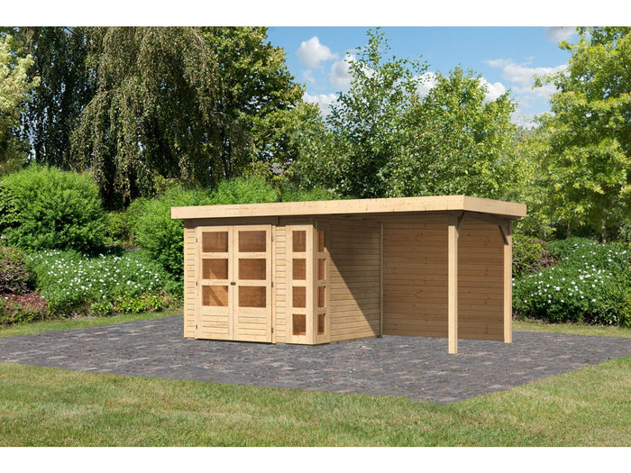 Karibu Gartenhaus Kerko 3 natur mit 2,40 m Anbaudach, Rückwand