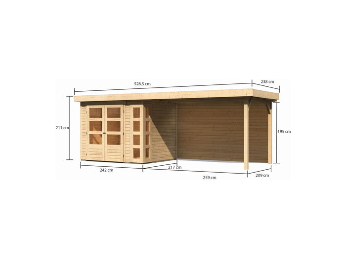 Karibu Gartenhaus Kerko 3 natur mit Anbaudach 2,80 m inkl. Rückwand