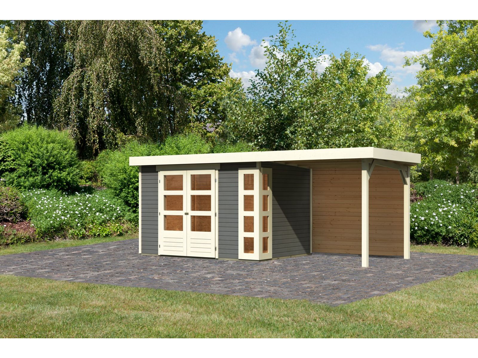 Karibu Gartenhaus Kerko 4 terragrau mit Anbaudach 2,40 m, Rückwand