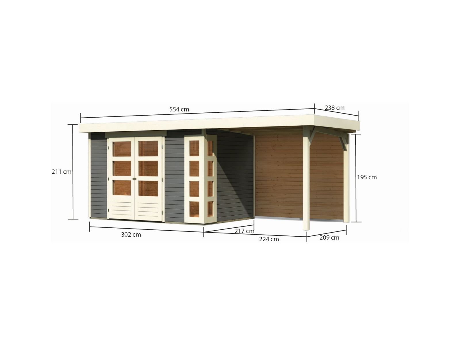 Karibu Gartenhaus Kerko 4 terragrau mit Anbaudach 2,40 m, Rückwand