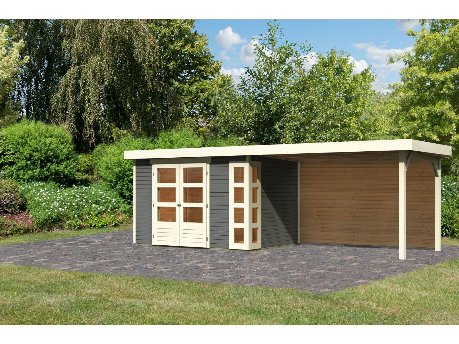 Karibu Gartenhaus Kerko 4 natur mit Anbaudach 2,80 m inkl. Rückwand