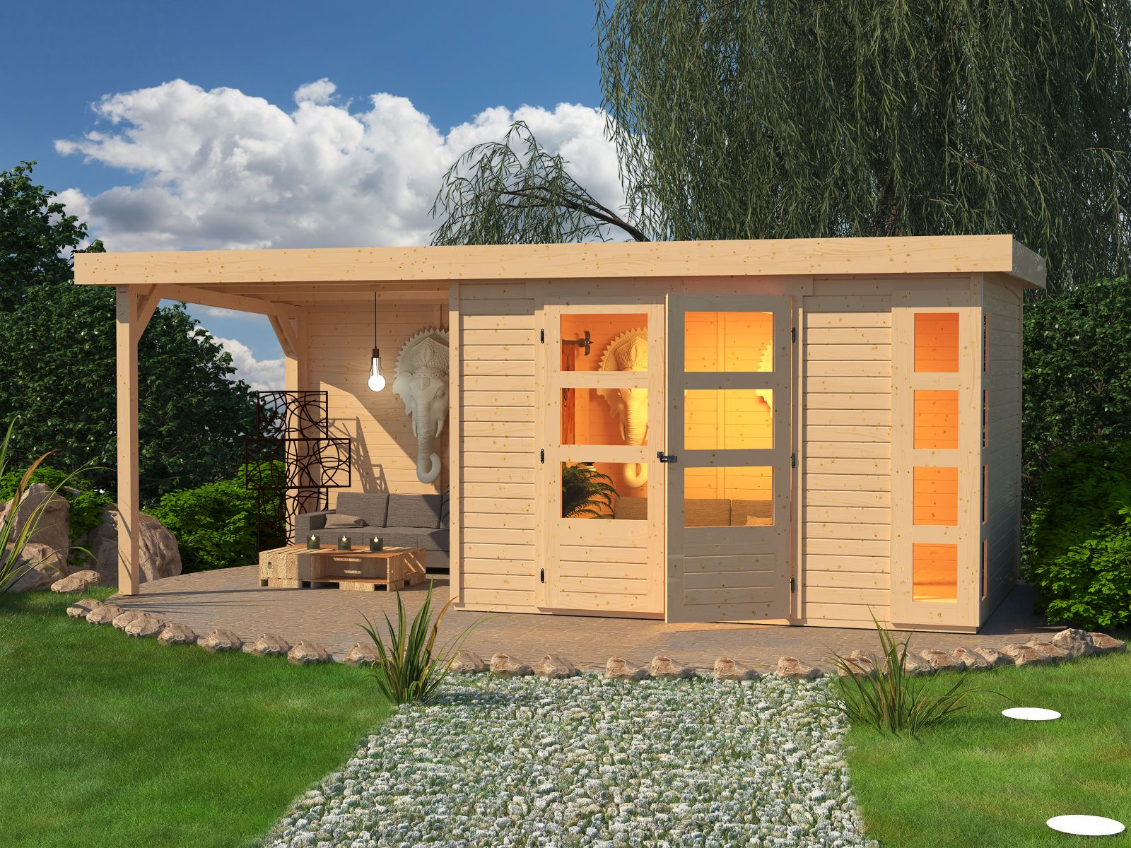 Karibu Gartenhaus Kerko 5 natur mit Anbaudach 2,40 m inkl. Rückwand